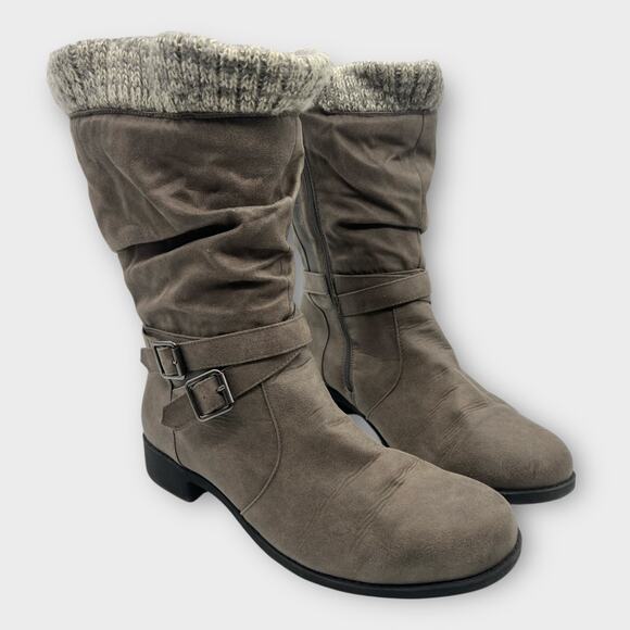 Torrid Sweater Trim Moto Boots Womens US 11 Gray Brown Almond Toe Wide Calf - Picture 1 of 8